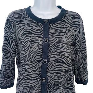 Cardigan Sweater Womens L Black Gray Button Front Animal Print 3/4 Sleeve